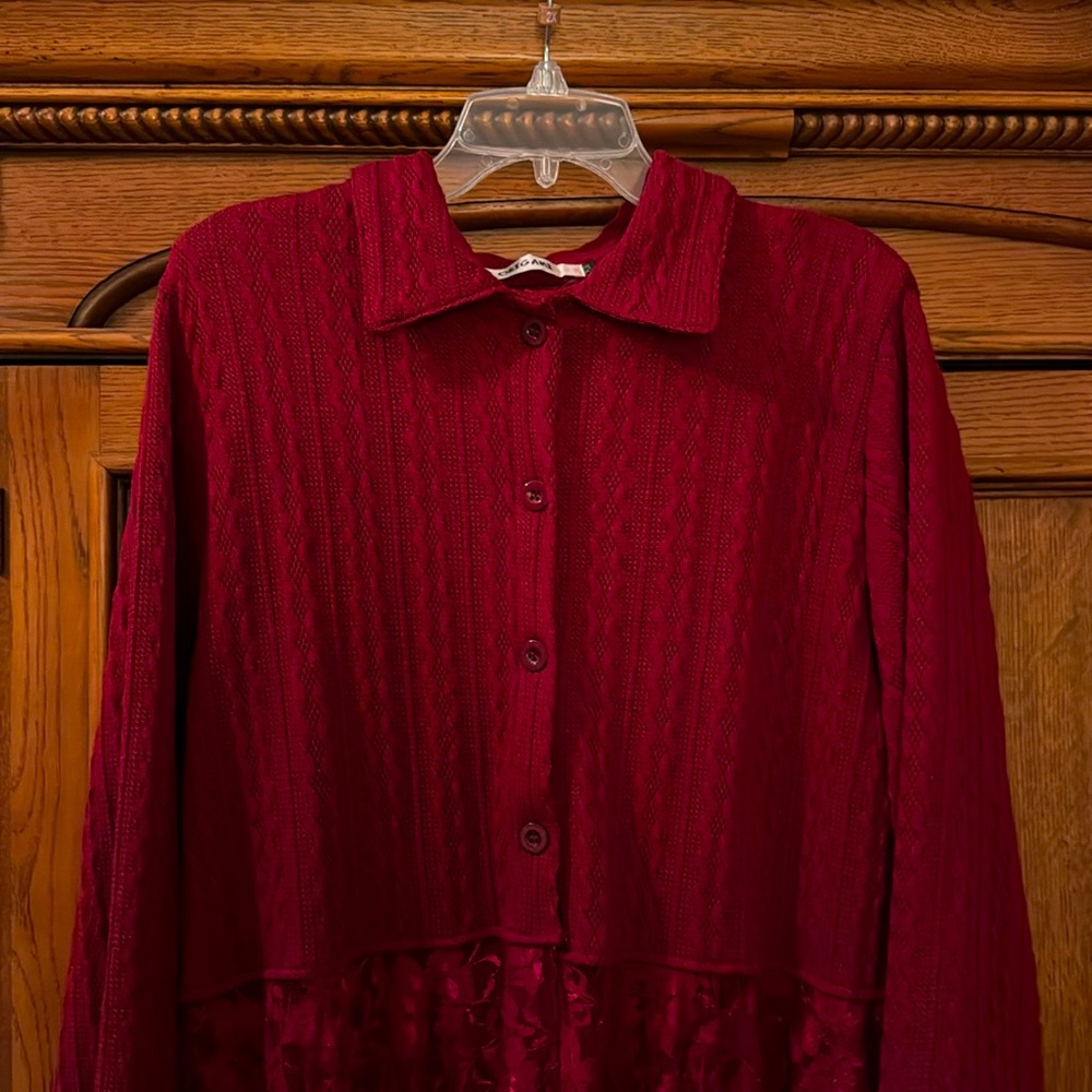 Burgundy plus six cable knit sweater top with attached long lace skirt.